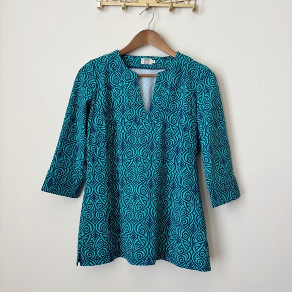 Katherine Way Tunic Top Medium Aqua Blue Geometric Print - Picture 1 of 7